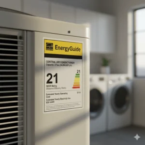 Energy Star SEER rating label indicating the efficiency of a 2 ton air conditioner.