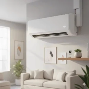 Sleek indoor unit of a ductless mini-split 2 ton air conditioner system.