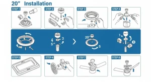 A detailed diagram illustrating the step-by-step installation process for a 20-inch outdoor ceiling fan.