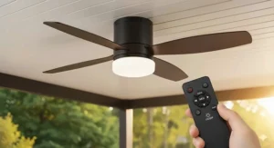 A user-friendly 20-inch outdoor ceiling fan shown with its included remote control for easy speed and light adjustments.