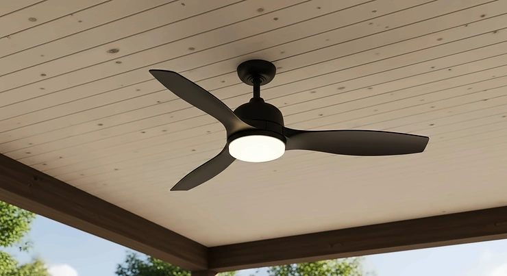 A modern black 20-inch outdoor ceiling fan with an integrated LED light, installed on a patio, providing both air circulation and illumination.