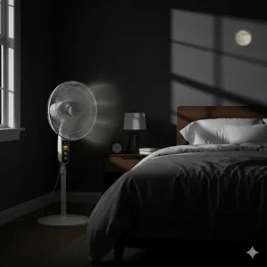 A quiet 24-inch pedestal fan operating in a bedroom at night, creating comfortable air circulation for sleeping.