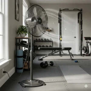 A sturdy 24-inch commercial pedestal fan keeping the air fresh and cool in a home gym.
