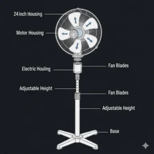 A detailed diagram showing the main parts of a 24-inch pedestal fan, including the motor housing, fan blades, adjustable height pole, and base.