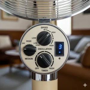 A close-up shot of the speed control knobs and settings on a 24-inch pedestal fan, highlighting its different fan speeds.