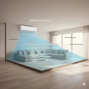 Illustration of a 28,000 BTU air conditioner effectively cooling a very large space, highlighting its capacity to cover up to 1,900 square feet.