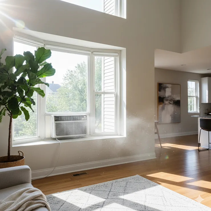 A powerful 28,000 BTU window air conditioner installed in a large window, efficiently cooling a spacious living room or commercial area. 28000 btu air conditioner