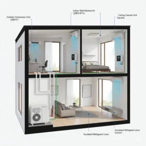 Diagram showing a 28,000 BTU mini-split air conditioner with multiple indoor air handlers connected to a single outdoor compressor unit.