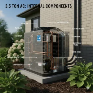 Internal diagram of the compressor and components found in a 3.5 ton air conditioner system.