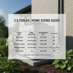 Chart illustrating the recommended square footage for a 3.5 ton air conditioner based on climate and home insulation.