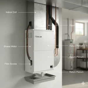 Image of a modern indoor air handler component typically paired with a 3.5 ton air conditioner outdoor unit.