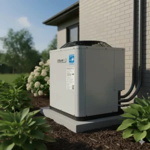 Label on an outdoor unit indicating the refrigerant type and charge amount for a 3.5 ton air conditioner model.