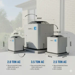 Diagram comparing the physical size and cooling capacity of a 3.5 ton AC unit versus smaller models.