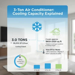 Infographic explaining the cooling capacity and BTU rating of a standard 3-ton air conditioner.