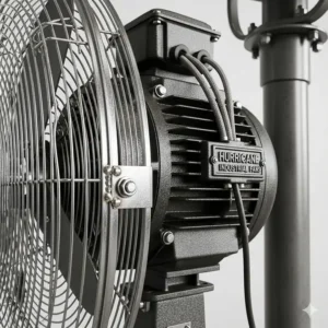 Detail shot of the durable, all-metal construction of a 30 industrial pedestal fan, highlighting its grille and robust motor housing for long-lasting use.