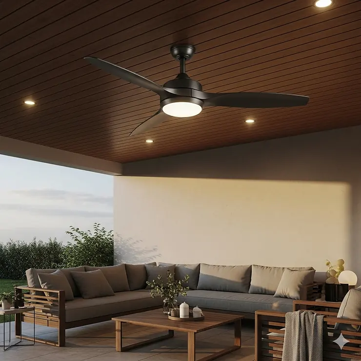 A stylish 48-inch outdoor ceiling fan with a sleek design, perfect for a modern patio or deck.