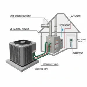 Detailed technical diagram illustrating the professional installation requirements for a 5 ton air conditioner.