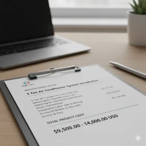 Close-up of a price tag or invoice displaying the typical cost range for a complete 5 ton air conditioner system.
