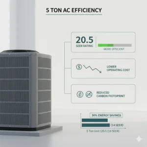 Infographic explaining the energy efficiency and performance metrics of a commercial 5 ton air conditioner.