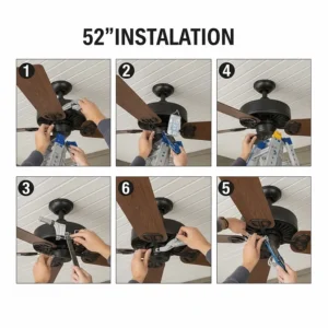 Step-by-step image of the installation process for a 52-inch outdoor ceiling fan, including mounting the bracket and wiring the motor.