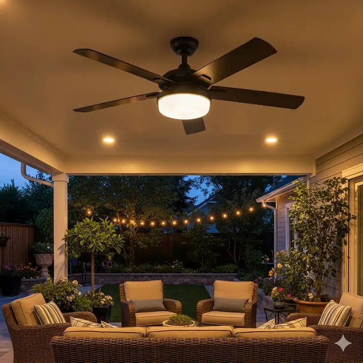 A stylish 52-inch outdoor ceiling fan with an integrated LED light kit, installed on a patio, providing a comfortable breeze.