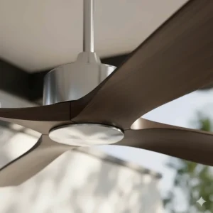Close-up of the stylish, wide blades of an 84-inch ceiling fan designed for outdoor use.