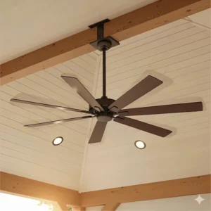 An illustration of an 84-inch outdoor fan with a downrod, showing how it hangs from a high ceiling.