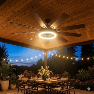 An 84-inch outdoor ceiling fan featuring a bright, integrated LED light kit, perfect for evening use.