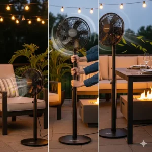 A pedestal fan with an adjustable stand, showing its height being changed to suit different outdoor areas like a low lounge chair or a high dining table.