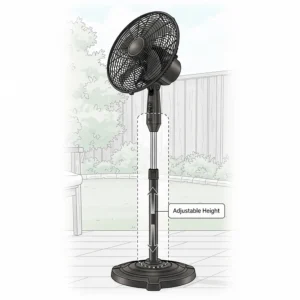 An illustration highlighting the adjustable height feature of a durable outdoor pedestal fan.