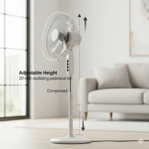 An image highlighting the adjustable height of the 20-inch oscillating pedestal fan for customized airflow.