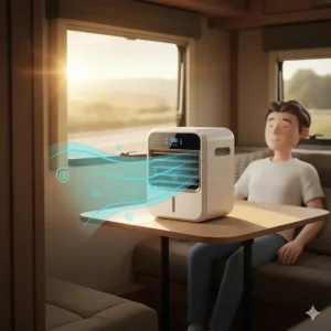 A portable air cooler's fan blowing cool air into an RV's living area on a warm day.