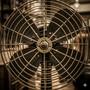 A close-up shot of the intricate metal grille and blade assembly of an antique standing fan.
