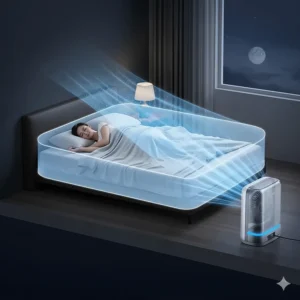 A visual representation of the targeted airflow from a quiet bed fan, showing how it cools just the bed area and not the entire room.