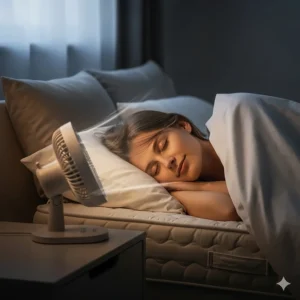 A person sleeping peacefully under a sheet, with a quiet bed fan providing a gentle breeze for ultimate comfort.