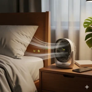 An image of a compact quiet bed fan placed on a nightstand, demonstrating its versatility and small footprint.