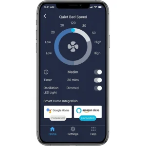 A screenshot of a mobile app for controlling a quiet bed fan, showing customizable settings and smart home integration.