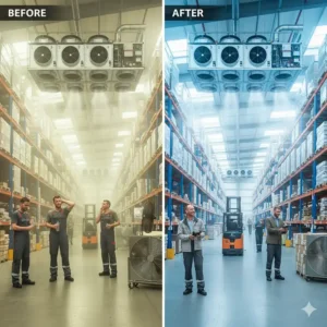 A side-by-side comparison of a hot, humid warehouse before installing an air conditioner and a cool, comfortable one after.