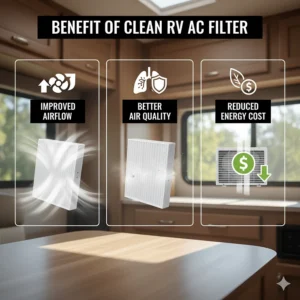 An infographic illustrating the benefits of using a clean air conditioner filter for an RV, such as improved airflow and reduced energy consumption.