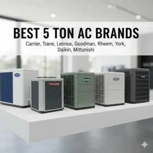 Visual collage or lineup of the best brands that manufacture reliable 5 ton AC units.