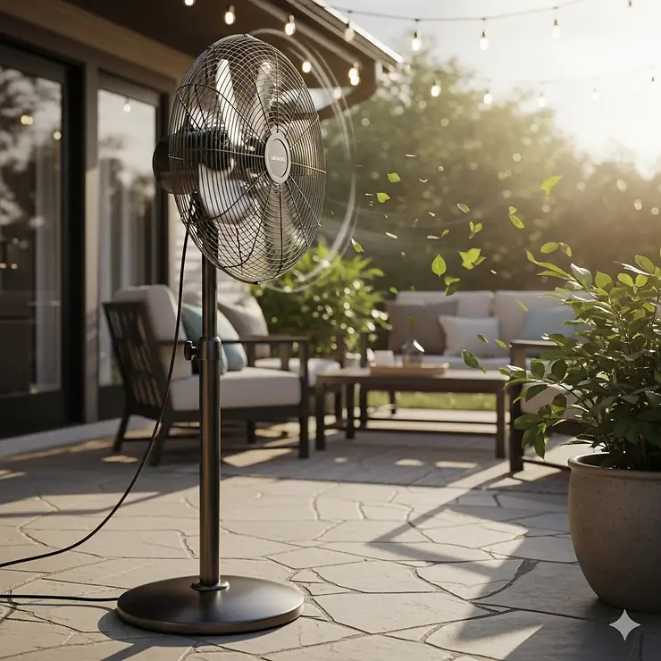 A high-quality, clear image of the top-rated outdoor pedestal fan, shown operating on a patio. best outdoor pedestal fans