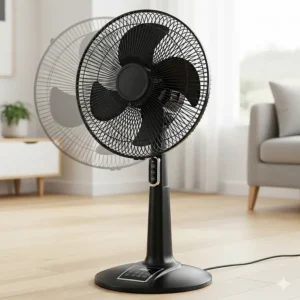 A black 20-inch oscillating fan featuring a sleek design and wide-angle oscillation.