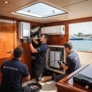 Technicians installing a split-system marine air conditioner on a yacht, demonstrating the process of connecting the indoor air handler to the outdoor compressor unit.
