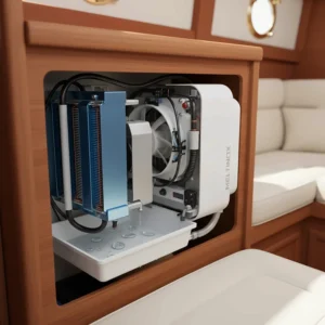 An illustration showing the internal components of a marine air handler unit, including the evaporator coil, blower fan, and condensate drain pan.