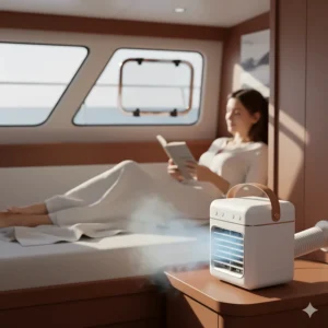 A person comfortably relaxing on their boat's bunk, with a quiet portable air conditioner running nearby, creating a comfortable indoor environment.