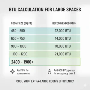 Infographic or chart used to determine the correct BTU sizing for different room dimensions, emphasizing why 28,000 BTU is required for extra-large spaces.