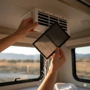 Hands cleaning the reusable air filter on an RV air conditioner rooftop unit as part of routine maintenance.