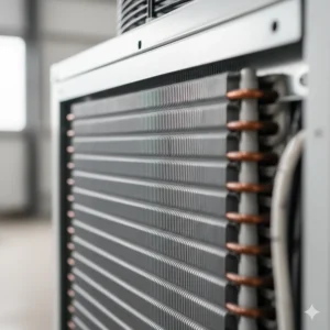 A detailed close-up of a clean evaporator coil, an essential component of a warehouse air conditioner.