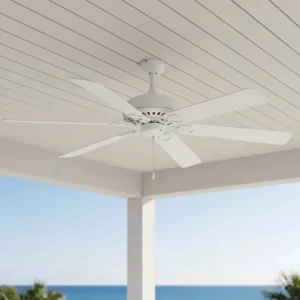 A white, coastal-style 52-inch outdoor ceiling fan with durable composite blades, designed to withstand humid coastal climates.