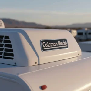 Detailed close-up of the powerful Coleman Mach 15 RV air conditioner unit shroud in arctic white.